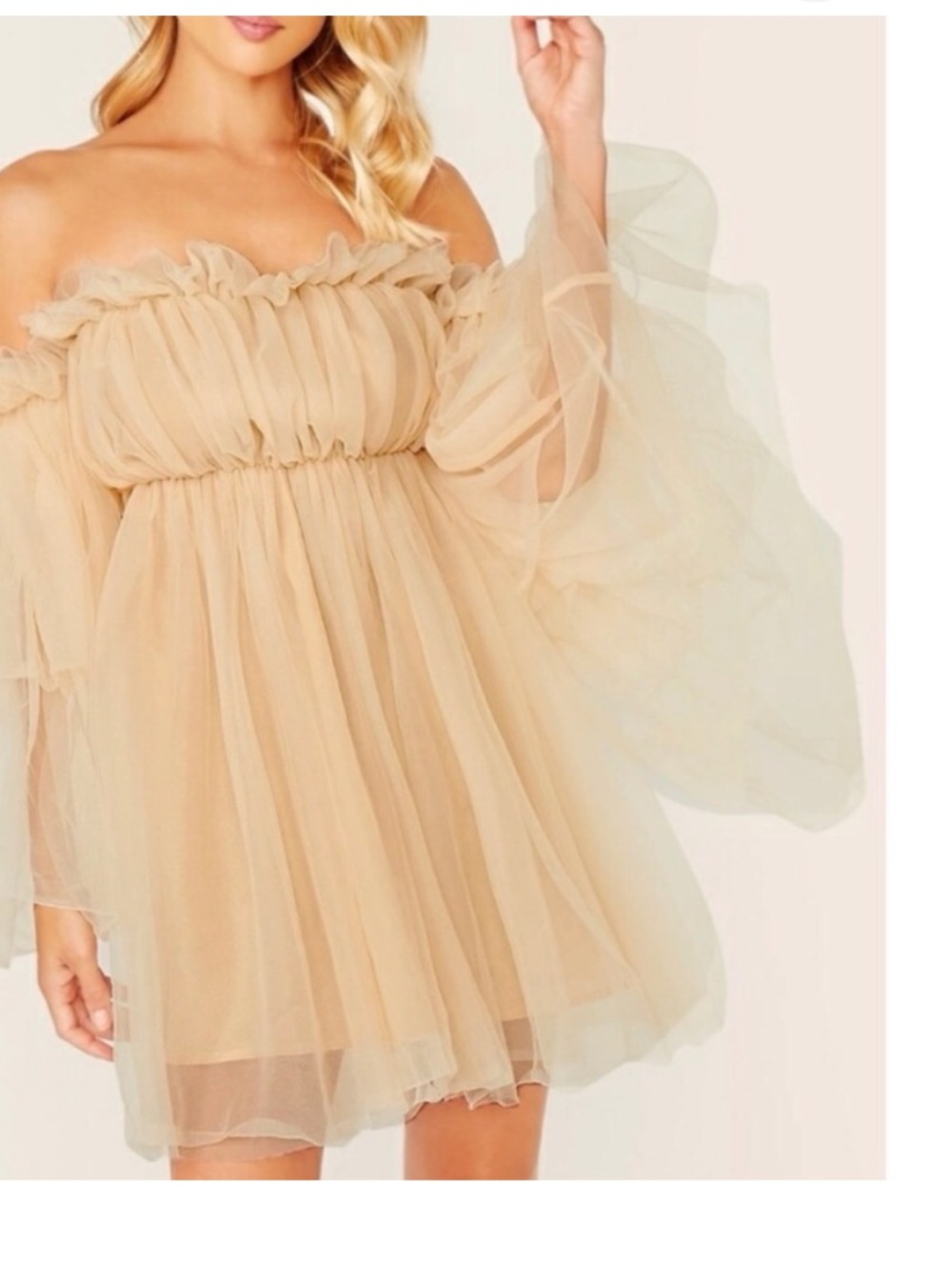 ReminisceMe:Ruffle off the shoulder Mesh Dress Fairy Layer Cream Sz S NWOT FIRM$ - Picture 11 of 13